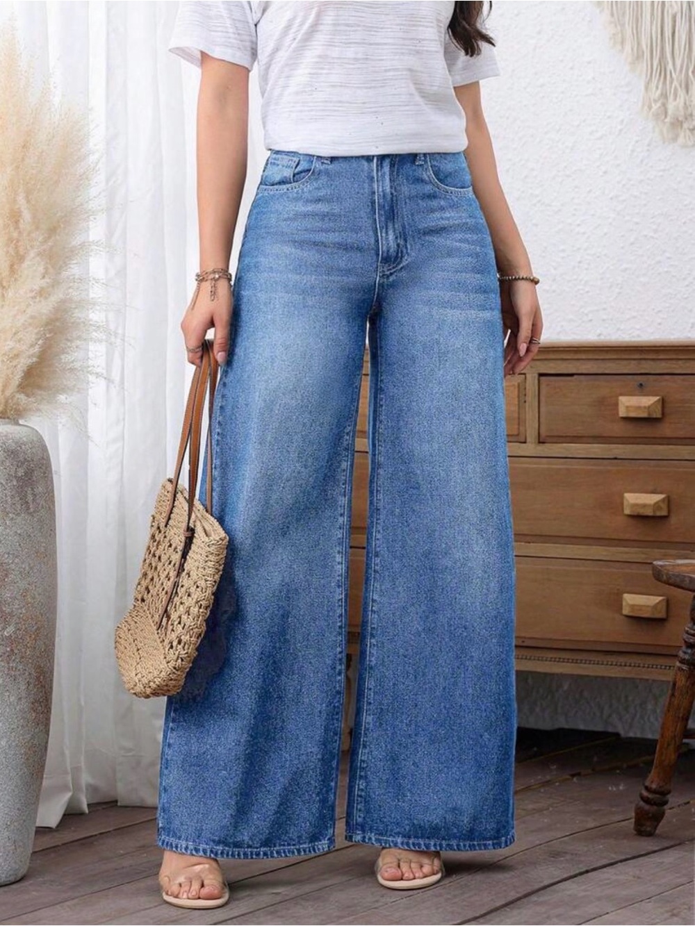 Petttie/Women's Vacation Casual Washed Wide Leg Jeans
